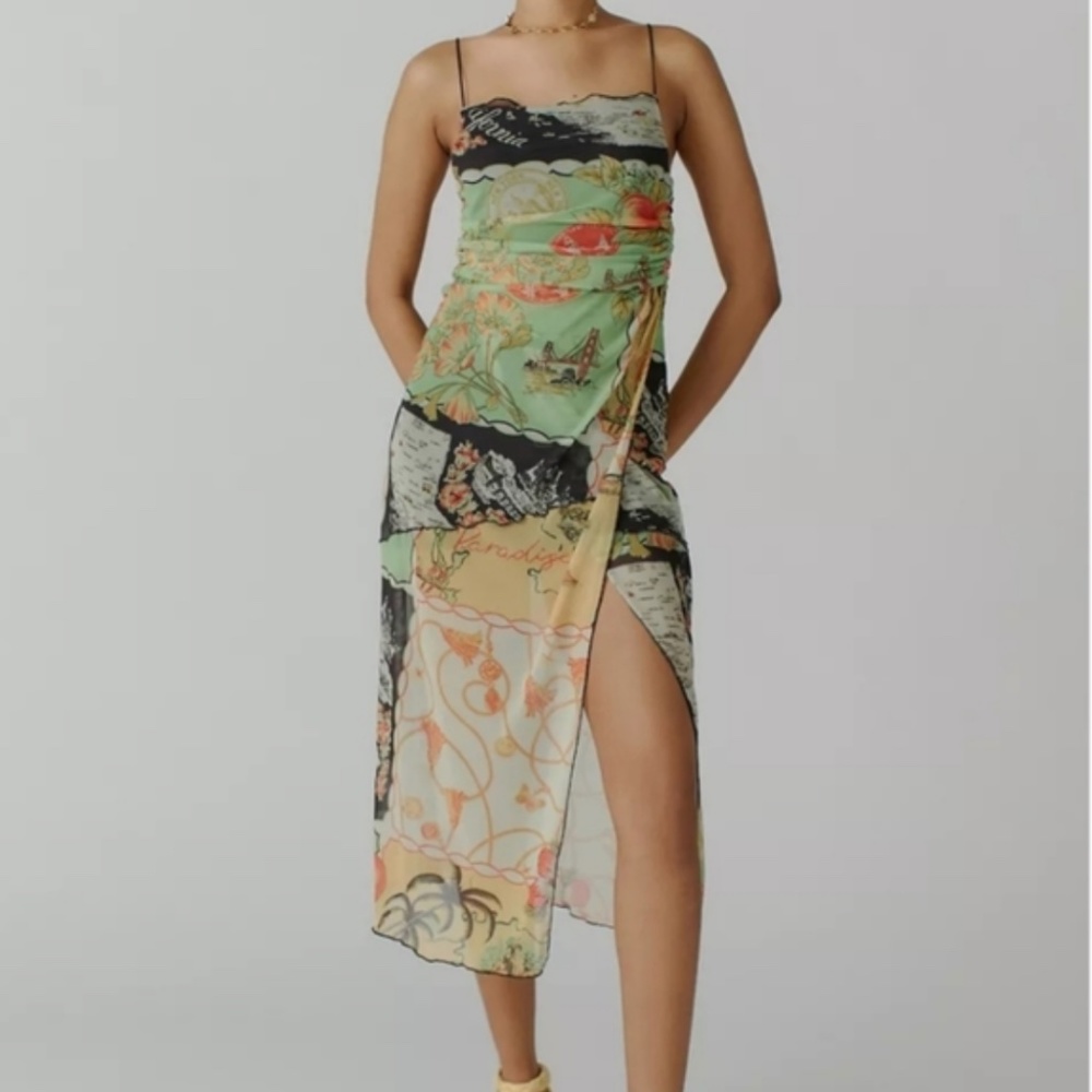 Urban Outfitters Wild Side Midi Mesh Slip Dress Size Small Map Print Vacation